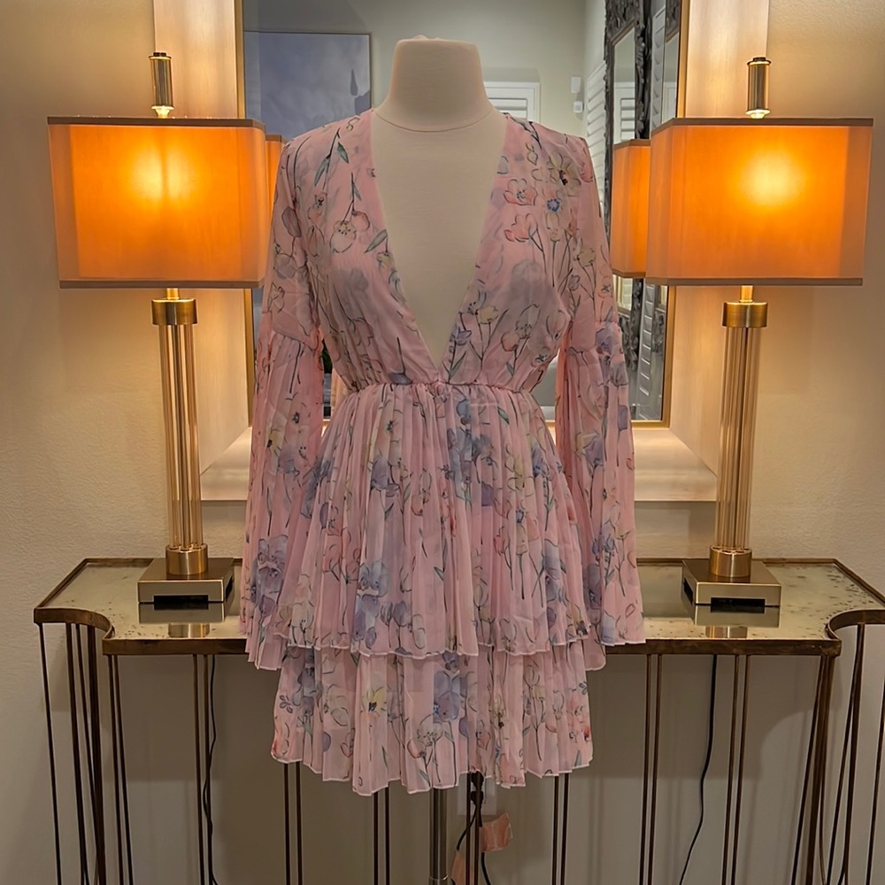 SHEIN Sheer Pink Floral V-Neck Mini Dress with Bell Sleeves